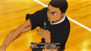 Screencap of Ojiro Aran in 'Haikyuu!!'. Text reads "First, their top scorer is their #4, Ojiro Aran".