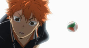 Screencap of Hinata missing the ball in 'Haikyuu!!'.